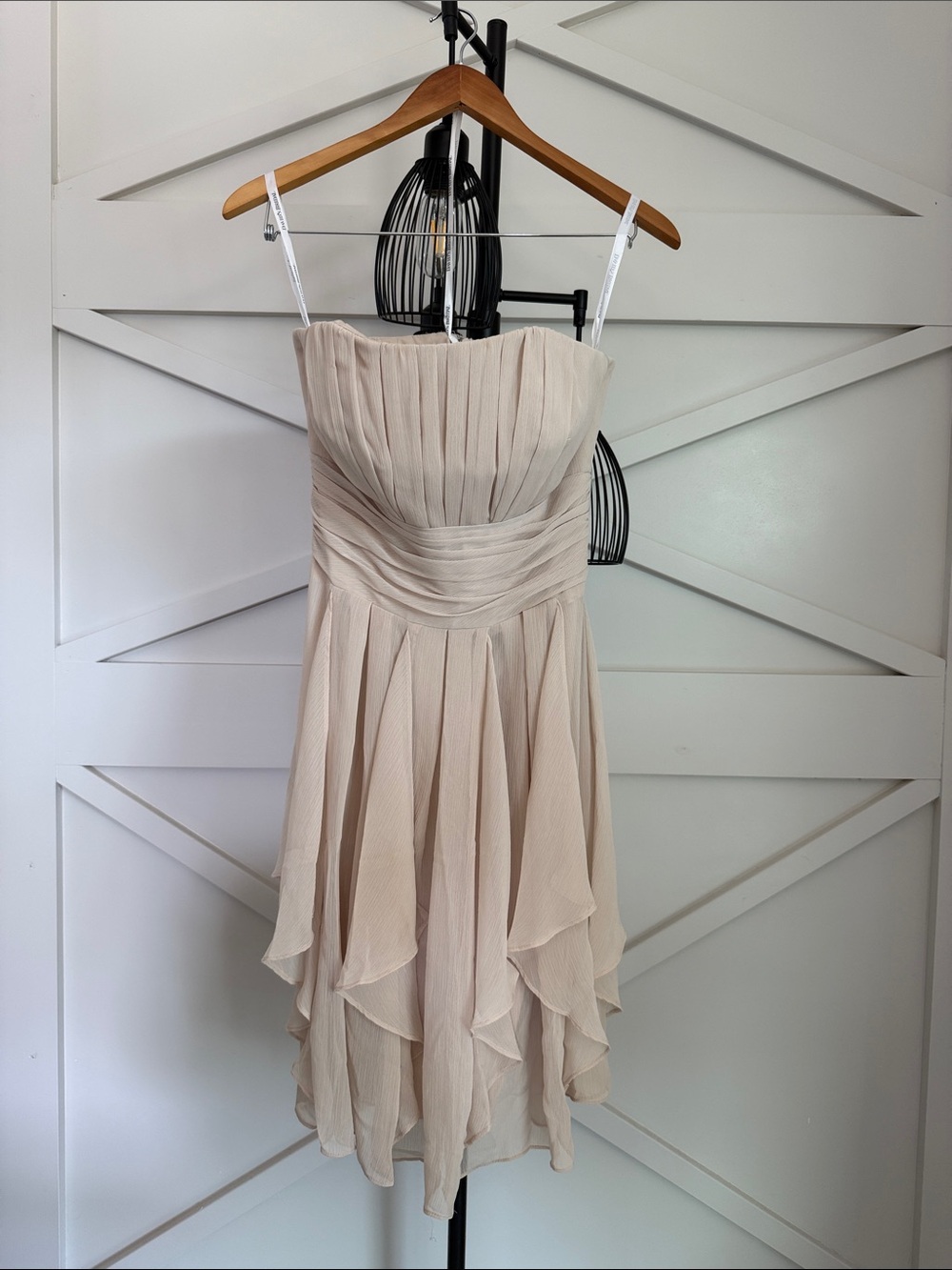David's Bridal Strapless Chiffon Cocktail Dress in Light Taupe